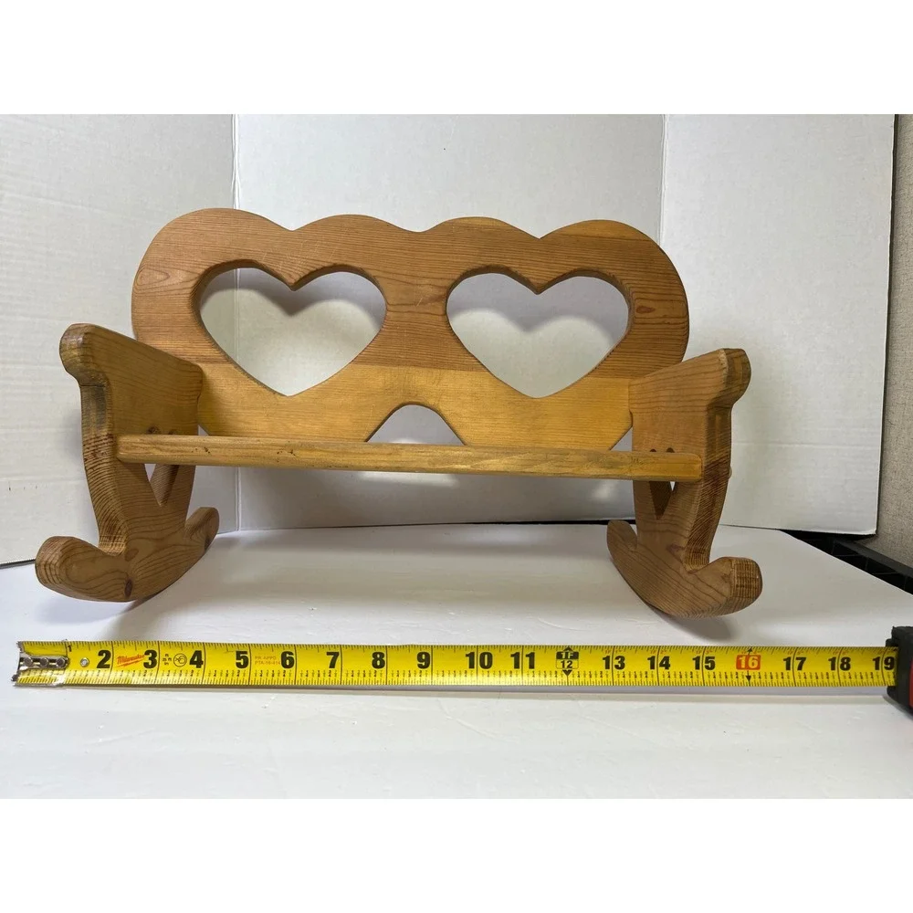 Vintage Wooden Cottagecore Rocking Bench Heart Cutouts Pine  Natural Finish